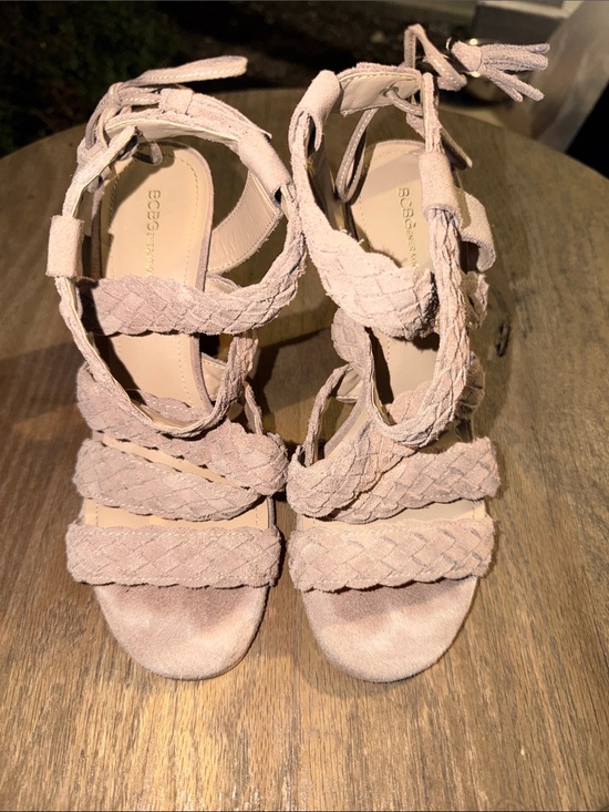 BCBGeneration Shoes - BCBGeneration Tan Suede Braided Suede Heeled Sandals Women’s Size 8
